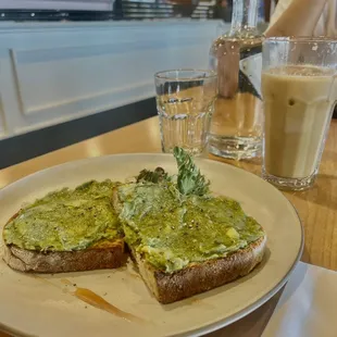 avocado toast &amp; iced vanilla + honey latte with oat milk