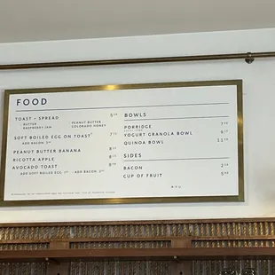 a menu on the wall