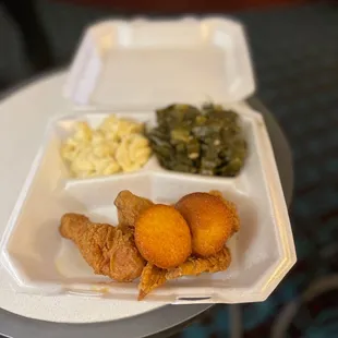 Fried chicken, collards and Mac n cheese