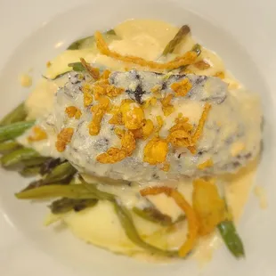 BBQ Meatloaf w/ (crispy) green beans and mashed potatoes topped with crispy onions