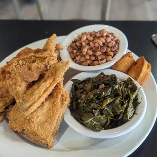 Fried Chicken, collard greens, black eyed peas corn muffins.
