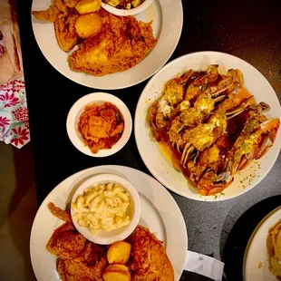 Fried chicken with 2 sides (Brussel Sprouts, mac &amp; cheese, carrots souffle, collard greens) crabs in special sauce.