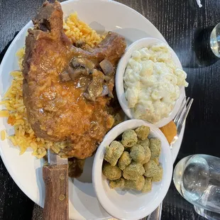 Fried pork chop mushroom gravy Mac n cheese and fried okra