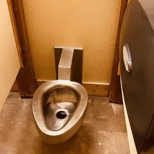 Metal toilet with no lid! Burr...
