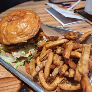 a plate of fries and a burger