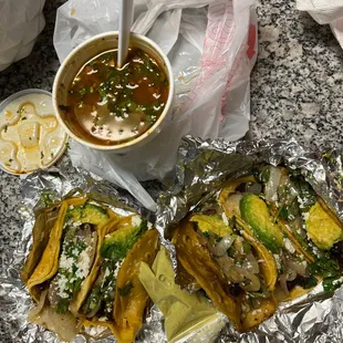 Tacos de fajita with frijoles charros