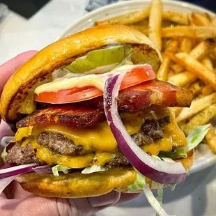 LP Burger ($14) with bacon ($2.50).