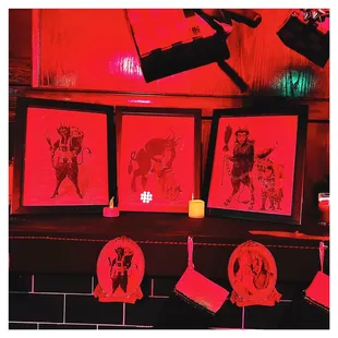 a bar with red lighting