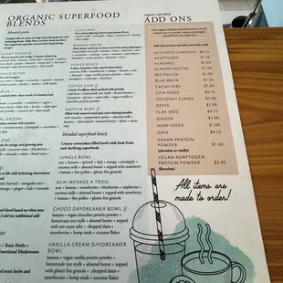 a menu for a smoothie