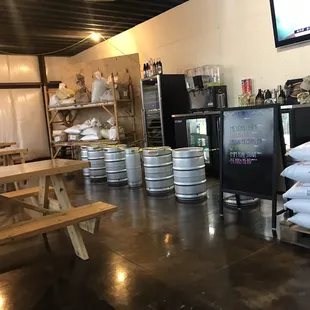 beer kegs and tables