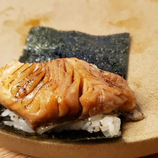 This is &quot;dessert&quot; black cod, but served like unagi, flamed with a torch.