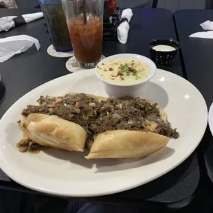 Philly cheese steak with a side of Mac &amp; cheese. }:{