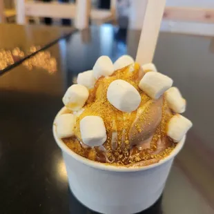 Vanilla &amp; chocolate swirl w/ graham cracker crumble, dulcet de leche sauce, and marshmallows.