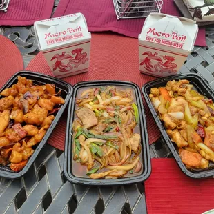 Orange Chicken, Mongolian Pork, and Kung Pao Chicken, from left to right, with Fried Rice