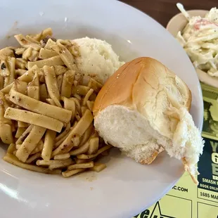Beef and noodles over mashed potatoes w/cole slaw.
