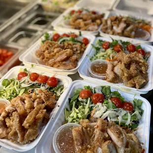 Take-out fried chicken on rice and salad
