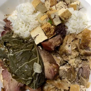 The Plate! Short rib luau bomb, smoked meat, tofu poke, kalua pork.  Ono, Ono, Ono!!