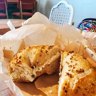 Garlic Bagel with Jalepeno Cheddar cream cheese