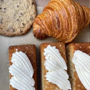 Tres leches cake, croissant and chocolate chip cookie