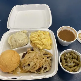 Angus Steak, mashed potatoes, green beans, macaroni and cheese