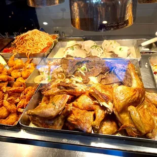 Baked chicken, Fried Shrimp, Spaghetti