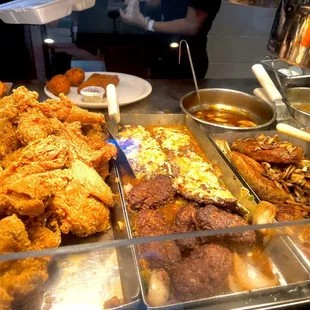 Fried chicken, beef patties with cheese