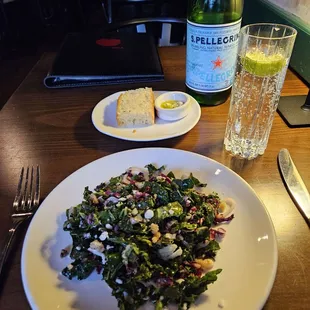 Pomegranate salad with free Pellegrinno water + fresh bread/olive oil infused butter