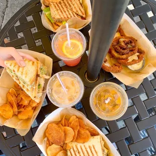 Grilled Chicken Panini, Fried Bell Pepper Rings, Fries Green Tomato BLT, Turkey Pesto
