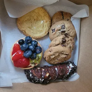 Cookies, fruit tart, chocolate dipped cannoli