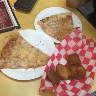 Two slices of cheese and Fried Ricotta bites (right out of the oven)