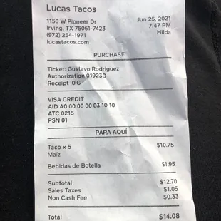 a receipt for a taco