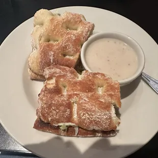 Spicy chicken sandwich and potato soup