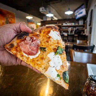 a hand holding a slice of pizza