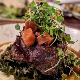 Braised beef cheeks and celery root puree