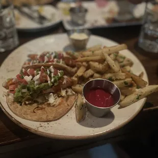 Salmon tacos and fries