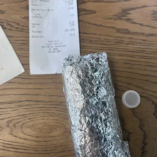 Receipt and burrito size.