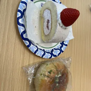 Garlic cheese bread and strawberry cake roll