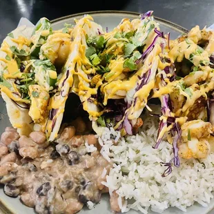 SPICY HAWAIIAN SHRIMP TACOS  w rice and beans