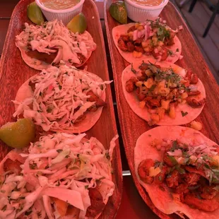 Crispy Fish Taco left.  Al Pastor Taco right.