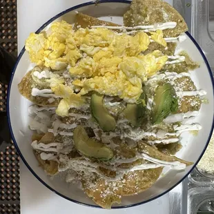 Chilaquiles verdes with scrambled eggs