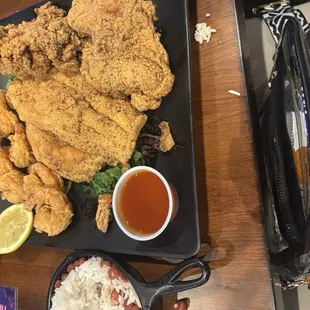 Fried shrimp, fried fish,fried chicken thighs, red beans and rice