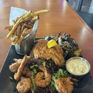 Shrimp seafood platter with garlic Parm Parm Brussels