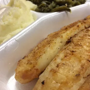 Delicious grilled fish, cactus and mashed potatoes.  Awesome with L&amp;Js hot sauces.