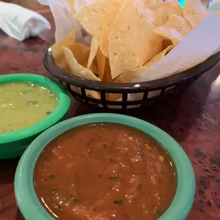 Chips and salsas (the red is served cold ... yay!)