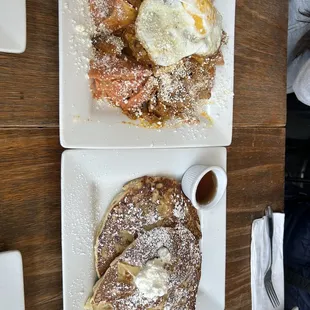 Chilaquiles with Cochinita Pibil (pork) and 2 - Pineapple upside down pancakes