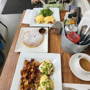 Pork Belly Benedict and Beef Birria Benedict with pancake.