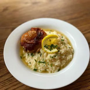 Lemon parmesan risotto + braised chicken thighs (July 2022 menu)
