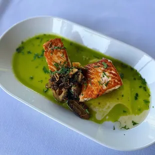 Salmon special with butter poached morel mushrooms
