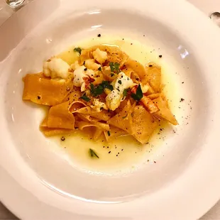 housemade lobster roe pappardelle, maine lobster + saffron lobster broth