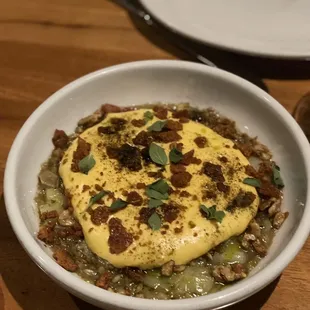 Farro verde with leeks, walnuts, and fonduta